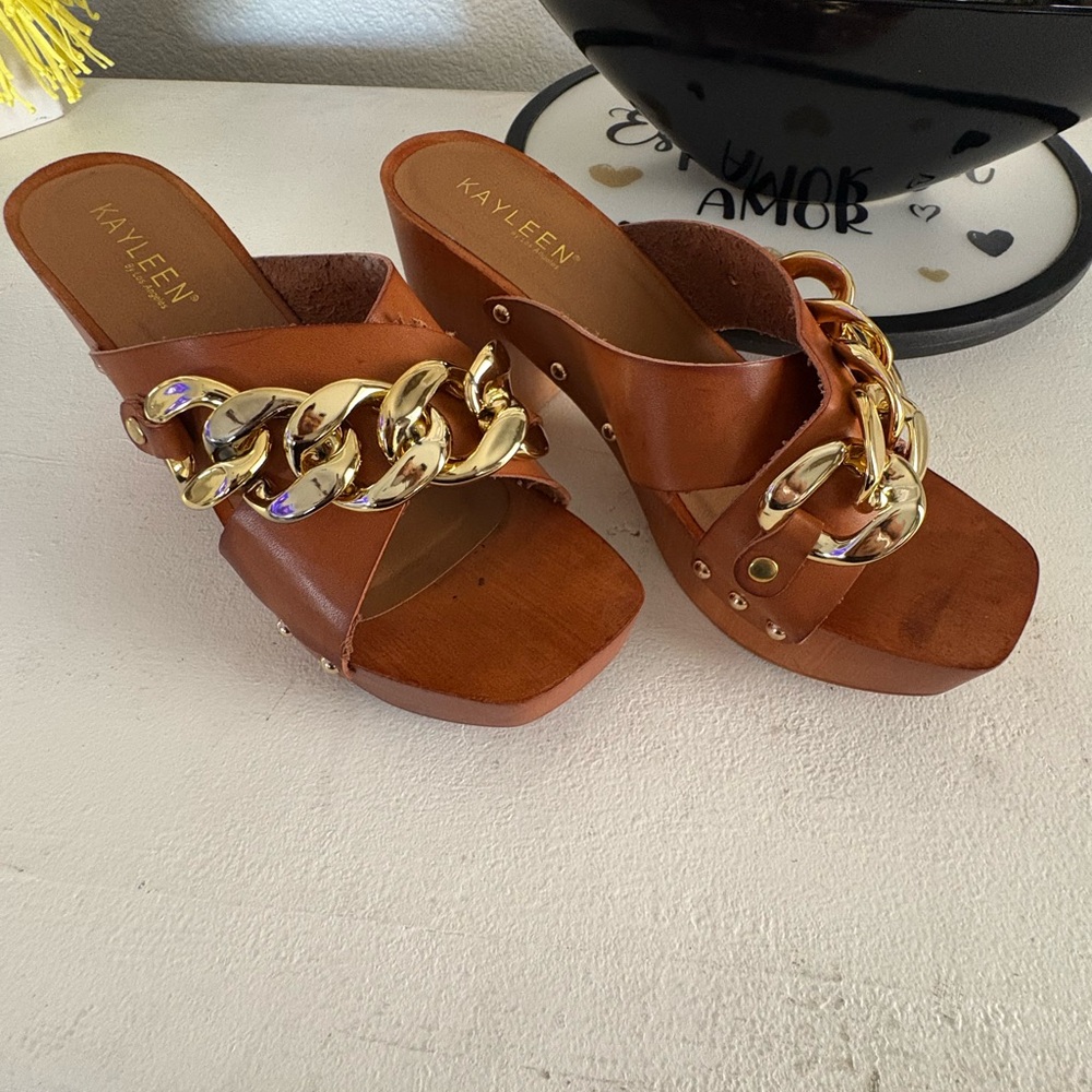 Brown Platform Sandals with Gold Chain
